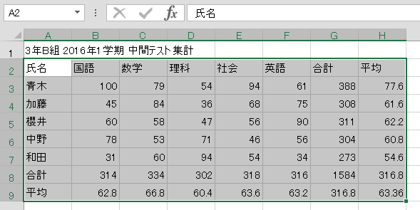 表の範囲を選択
