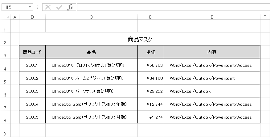 【準備②】VLOOKUP関数から参照される表（例えば、商品マスタ）