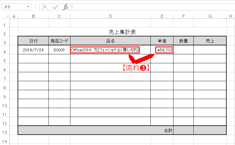 【流れ③】「売上集計表」の品名欄と単価欄に”品名”と”単価”が表示される