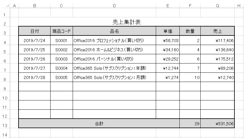 後は、必要な情報を入力すれば、売上集計表が完成します。